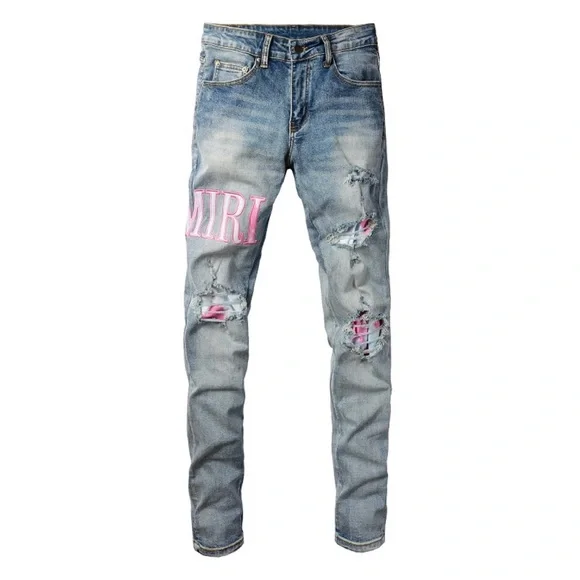 AMIRI Blue and Pink Skinny Jeans with Distressed Details